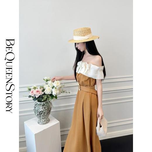 【孤品样衣，不退不换】【维纳斯庄园】天丝麻料腰带捏褶撞色一字肩连衣裙 商品图3