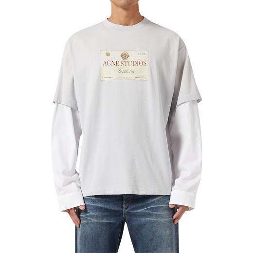 Acne Studios 2025春夏新品 男女同款宽松徽标印花做旧假两件长袖T恤 浅灰色 CL0322 商品图3