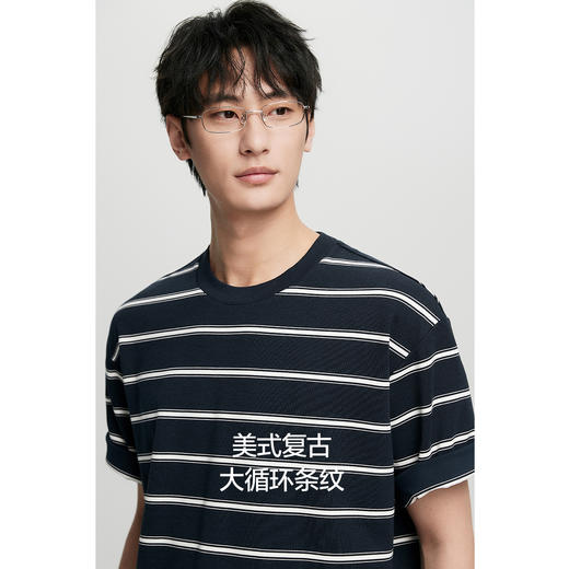 棉仓363801026-重磅美式宽条纹宽松落肩短袖T恤 商品图3