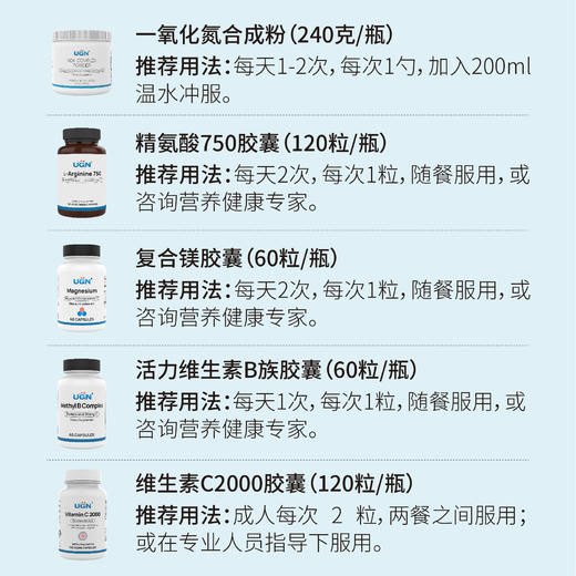 UGN血压营养组方×1个月(一氧化氮合成粉*1瓶、精氨酸*1瓶、复合镁*1瓶、活力维生素B*1瓶、维生素C胶囊*1瓶） 商品图1