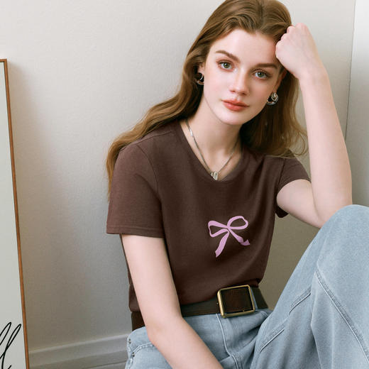 【商场同款】诗凡黎圆领蝴蝶结印花短袖2025夏新款T恤3G4300382 商品图0