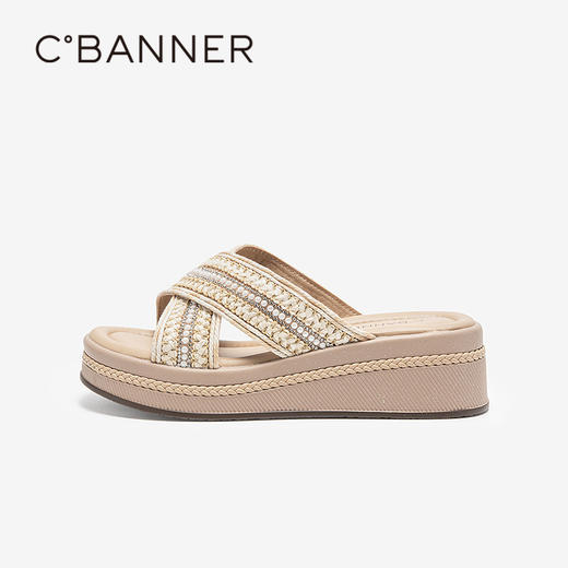 千百度厚底坡跟一字拖女外穿休闲沙滩露趾舒适凉拖鞋A25370160 商品图2