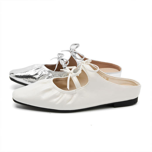 西遇包头半拖鞋女外穿新款夏季绝美蝴蝶结穆勒鞋尖头银色凉拖V0156616 商品图4