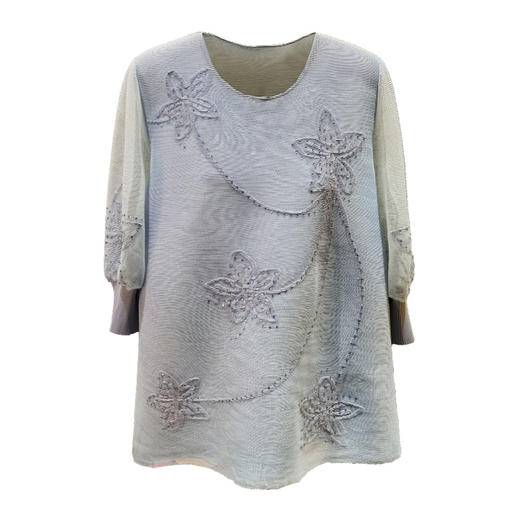 TZW-气质网纱拼接烫钻褶皱上衣 商品图4