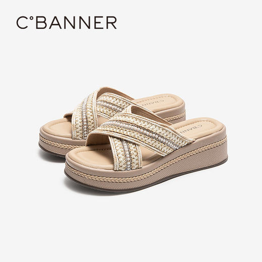 千百度厚底坡跟一字拖女外穿休闲沙滩露趾舒适凉拖鞋A25370160 商品图0