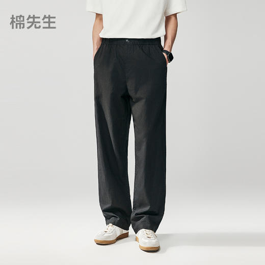 棉仓363818043-涤粘亚麻松紧腰宽松直筒裤 商品图0