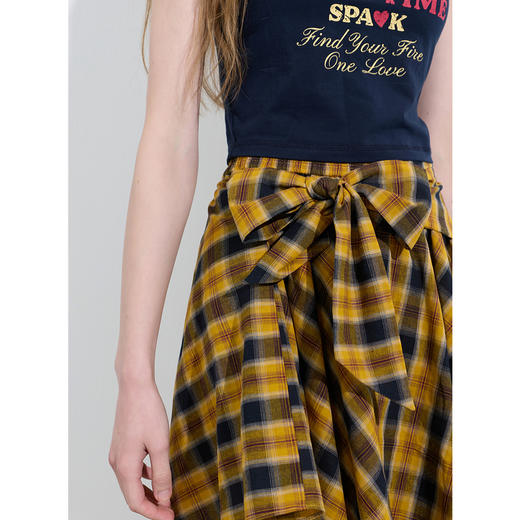 三彩独醒2025夏季新款格纹半身裙松紧高腰不对称A字裙短裙甜酷F 商品图3