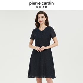 皮尔卡丹女法式V领通勤收腰短袖连衣裙