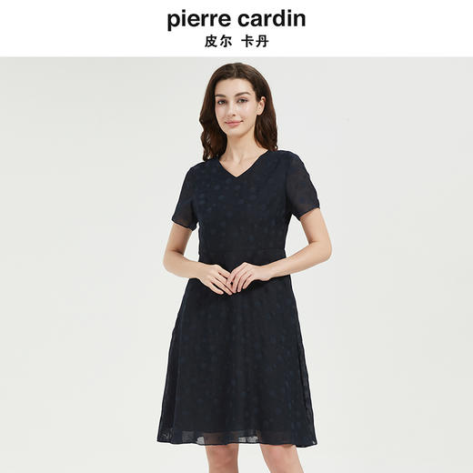 皮尔卡丹女法式V领通勤收腰短袖连衣裙 商品图0