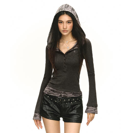 Ariseism 美式复古连帽假两件长袖T恤女春季新款修身内搭上衣 商品图1