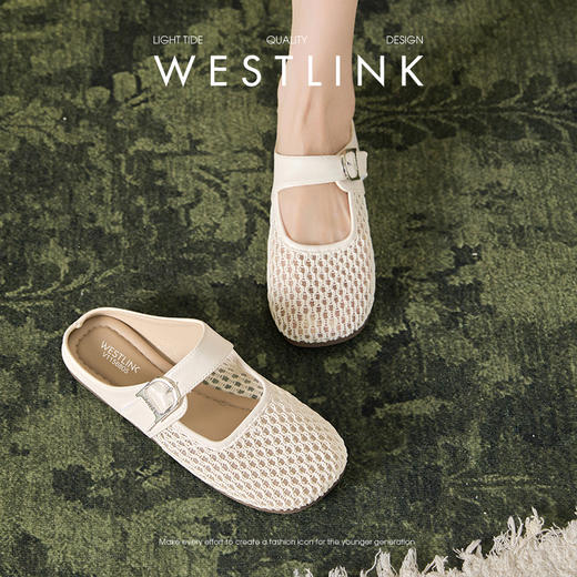 西遇镂空包头半拖鞋女夏季新款一字带网面穆勒鞋平底外穿拖鞋V1156805 商品图2