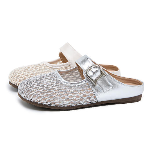 西遇镂空包头半拖鞋女夏季新款一字带网面穆勒鞋平底外穿拖鞋V1156805 商品图4