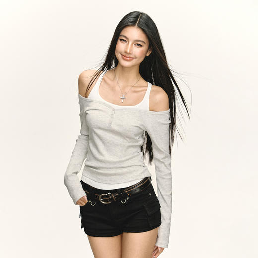 Ariseism 美式复古假两件长袖T恤女春季新款修身上衣 商品图2
