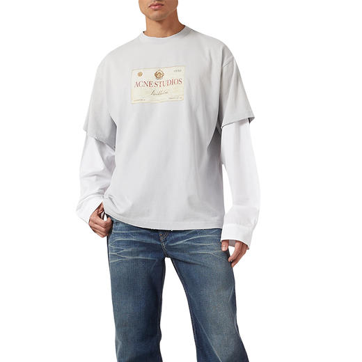 Acne Studios 2025春夏新品 男女同款宽松徽标印花做旧假两件长袖T恤 浅灰色 CL0322 商品图4