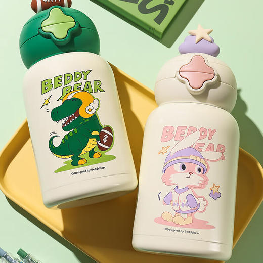 BEDDYBEAR杯具熊 星辰双饮儿童卡通图案保温杯带吸管水杯316钢大容量背带保温壶600ML 商品图1