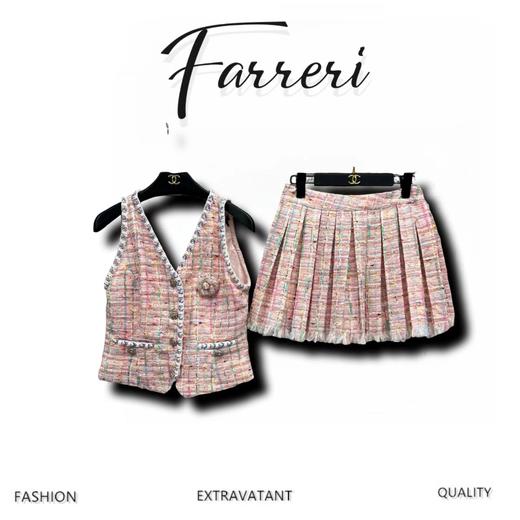 小香风 25春夏新款 彩色编织粗花呢套装 V领马甲+百褶短裙 商品图0