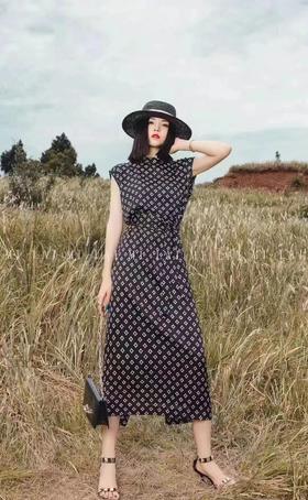 SZ2S86_漆黑色_连衣裙_夏季_领无袖几何印花系带收腰长款_高级女装_BERNIEELEN 伯妮斯茵