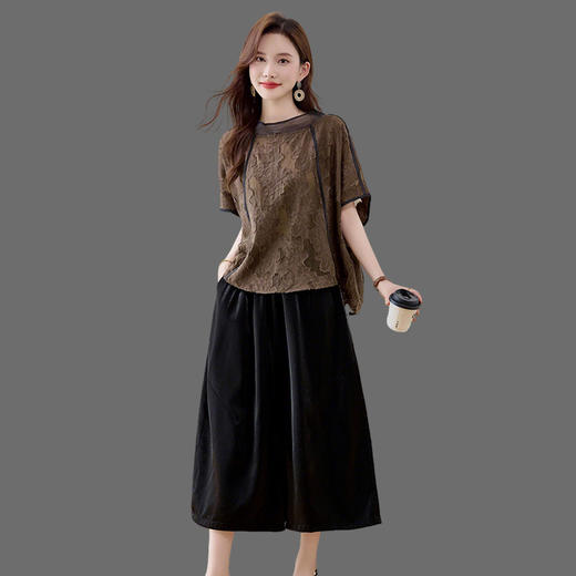 蕾丝阔腿裤两件套，宽松时尚减龄七分裤阔太太显瘦套装HR-YYG82958 商品图1