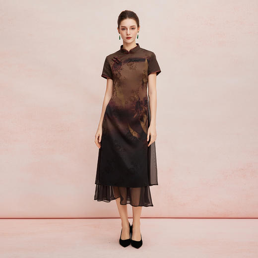 QF8A8斯尔丽25新款奥黛版型收腰波浪摆显瘦渐变印花连衣裙 商品图2