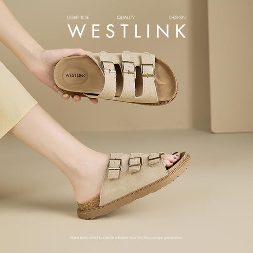 西遇勃肯凉拖鞋女夏外穿新款海边复古凉鞋厚底一字带软木拖鞋V0156588 商品图0