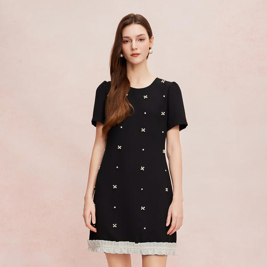 QF8A4斯尔丽2025夏季新款镶钻撞色压褶边显瘦连衣裙 商品图5