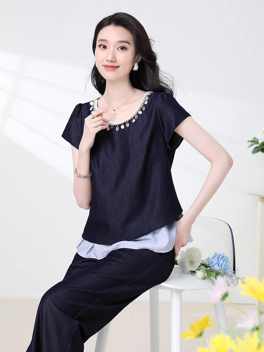 全新升级【铂金会员293/天猫399/差价106】(99846)洛诗琳撞色牛仔通勤套装女2025新款夏季圆领上衣阔腿裤两件套 商品图3