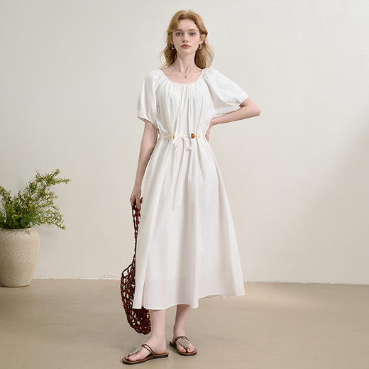 桃花拂面温柔气质泡泡袖连衣裙女春夏彩色串珠收腰长裙V0850570 商品图2