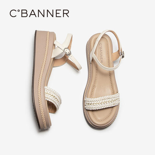 千百度厚底一字带休闲凉鞋女羊皮增高配裙子露趾凉鞋A25330305 商品图4