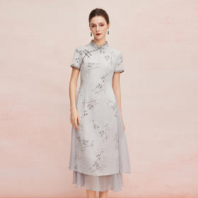 QF8A7斯尔丽25新款奥黛版型收腰放摆波浪边显瘦水墨连衣裙