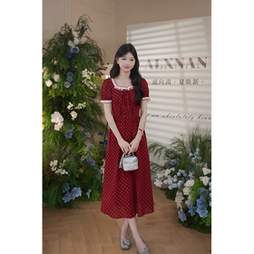 鹿向南「托卡艳阳」法式波点甜美连衣裙女夏季小个子设计感长裙子DYL661925