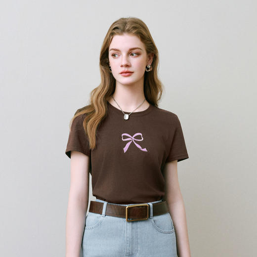 【商场同款】诗凡黎圆领蝴蝶结印花短袖2025夏新款T恤3G4300382 商品图2