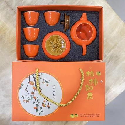 柿柿如意一壶4杯1柿子罐陶瓷茶具精美礼品工艺陶瓷柿子性价比高 商品图0