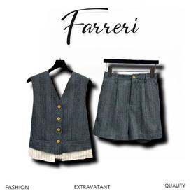 25春夏新款 学院风拼接搭片条纹马甲+高腰短裤