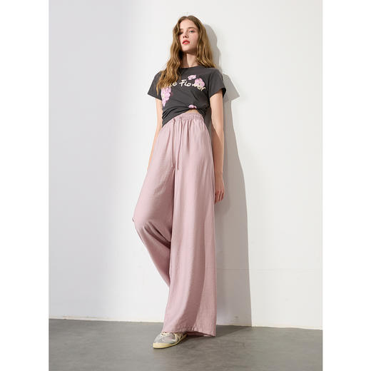 【亚麻】三彩2025夏季新款抽绳松紧腰宽松阔腿裤长裤垂感松弛简约M 商品图3