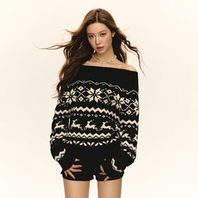 Ariseism美式复古设计感费尔岛一字肩毛衣外套女春秋新款露肩上衣