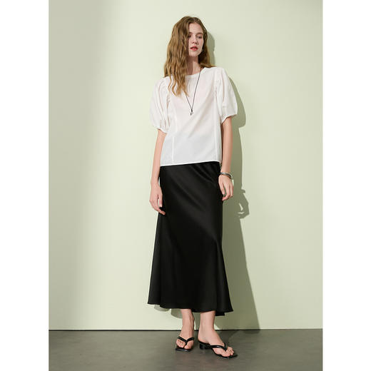 三彩2025夏季新款泡泡袖圆领白衬衫上衣宽松衬衣小衫简约S 商品图1