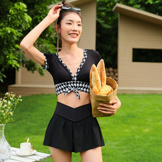 sisia2025新款泳衣女千鸟格纹拼色性感高腰显瘦遮腹温泉分体泳衣SWT24-06A 商品图5