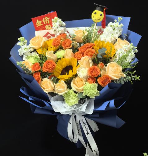 【高考加油】新鲜鲜花 高考花束-暖葵祈愿（向日葵3枝+香槟玫瑰13枝+紫罗兰4枝+ 配草）可备注送货时间 商品图2