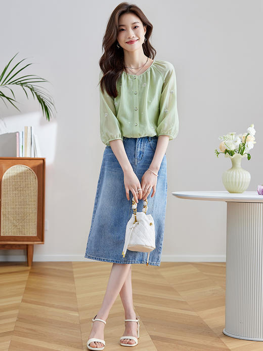 【年中特卖】熙世界刺绣天丝雪纺衬衫女宽松七分袖上衣桔梗绿色薄小衫2025夏 商品图4