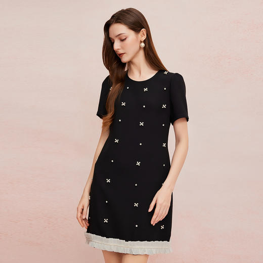 QF8A4斯尔丽2025夏季新款镶钻撞色压褶边显瘦连衣裙 商品图7