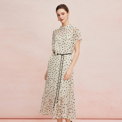 QF8A6斯尔丽25新款珍珠细腰带优雅大方显瘦中长波点连衣裙 商品图7