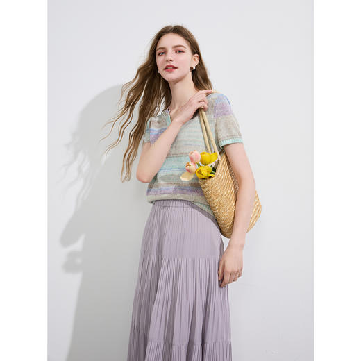 三彩2025夏季新款条纹针织衫亮片V领短袖上衣套头衫休闲M 商品图3