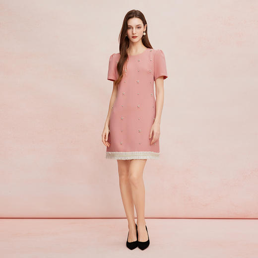 QF8A4斯尔丽2025夏季新款镶钻撞色压褶边显瘦连衣裙 商品图3