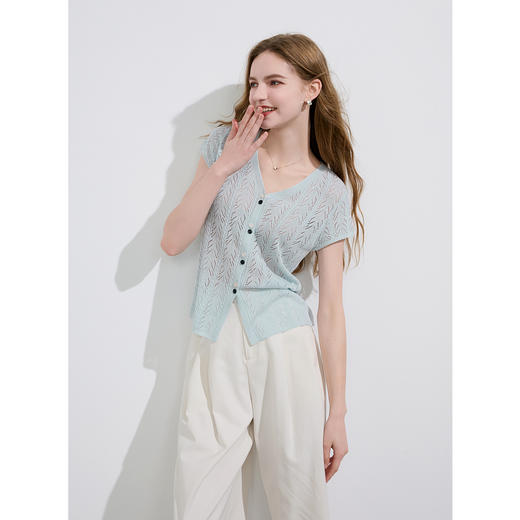 【莱赛尔+亚麻】三彩2025夏季新款镂空针织衫V领开叉短袖开衫轻薄M 商品图3