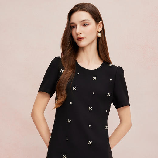 QF8A4斯尔丽2025夏季新款镶钻撞色压褶边显瘦连衣裙 商品图9