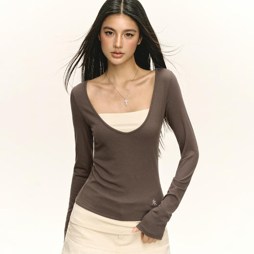 Ariseism 美式复古长袖T恤女春季新款修身内搭假两件上衣 商品图3