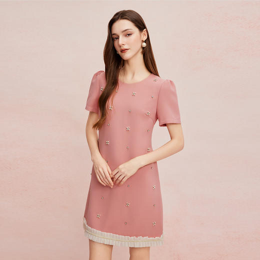 QF8A4斯尔丽2025夏季新款镶钻撞色压褶边显瘦连衣裙 商品图2