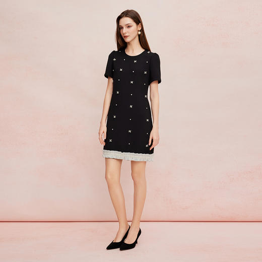 QF8A4斯尔丽2025夏季新款镶钻撞色压褶边显瘦连衣裙 商品图8