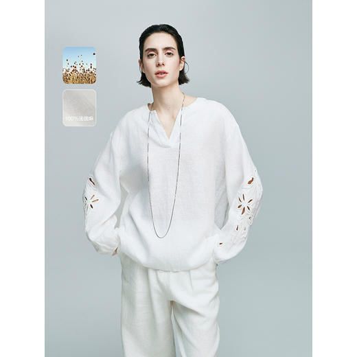 棉仓363604007-初棉绣花灯笼袖麻衬衫 商品图0