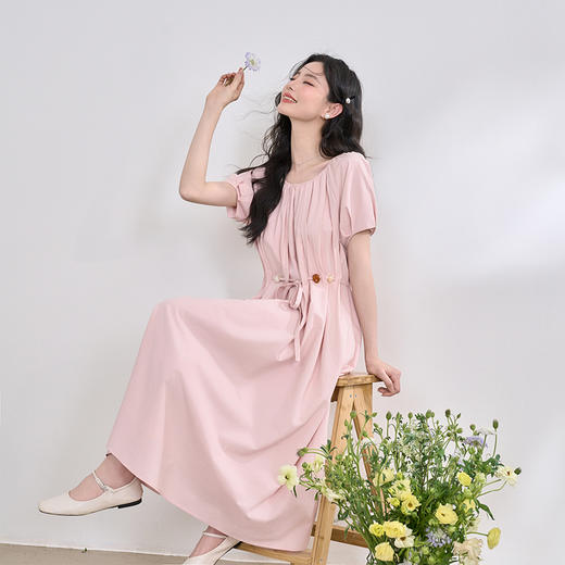 桃花拂面温柔气质泡泡袖连衣裙女春夏彩色串珠收腰长裙V0850570 商品图1